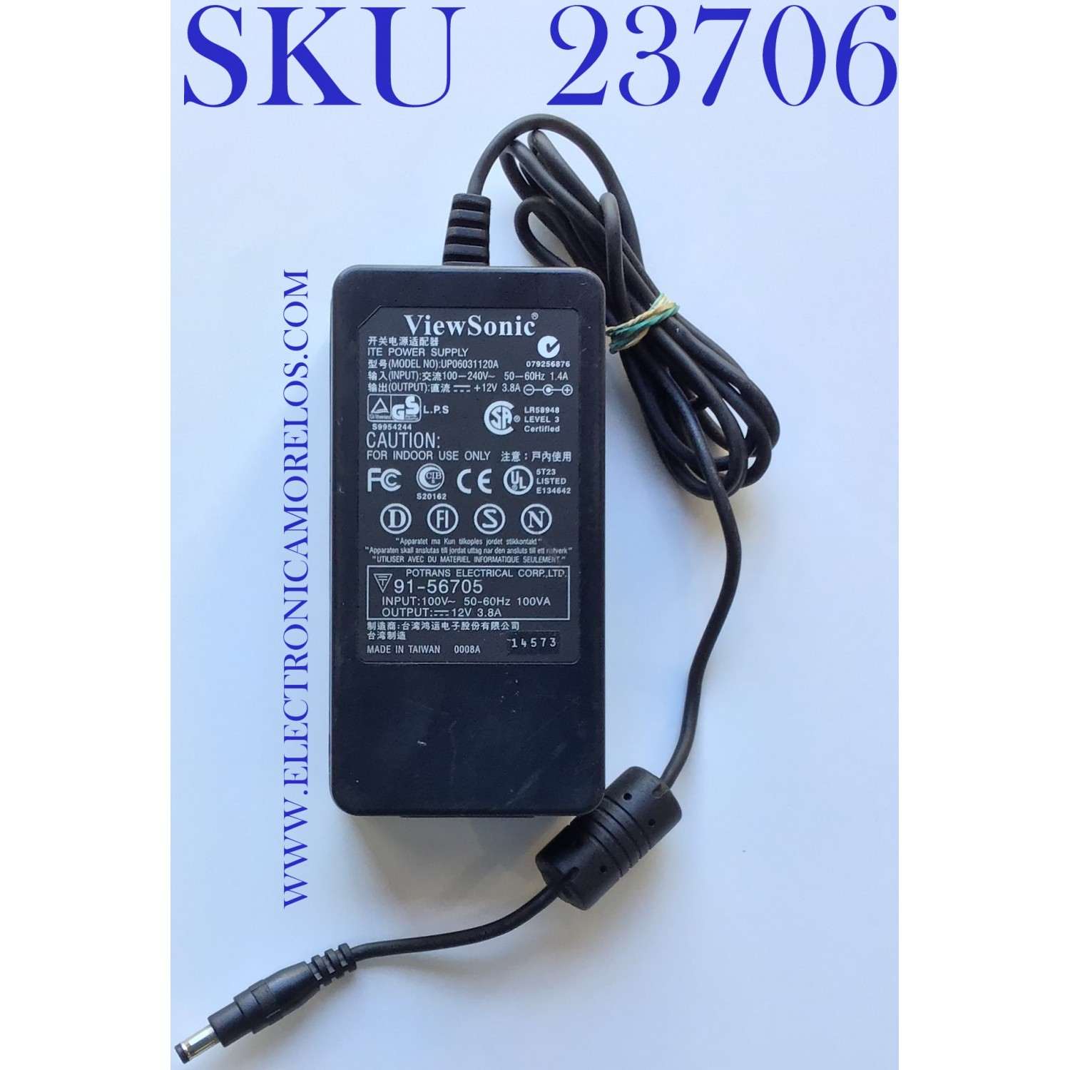 ADAPTADOR VIEW SONIC / NUMERO DE PARTE  91-56705  / 079256876 / S9954244 / ENTRADA VCA  100-240V / SALIDA VCD 12V - 3.8A  / 50-60Hz / MODELO UP06031120A	